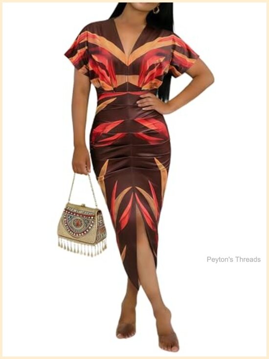Dresses & Skirts - Women's V-Neck Ruched Bodycon Maxi Dress Short Sleeve Plus Size Summer Casual